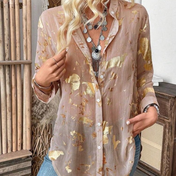Women's Sheer Taupe Button-Down Blouse with Gold Foil - Picture 6 of 6